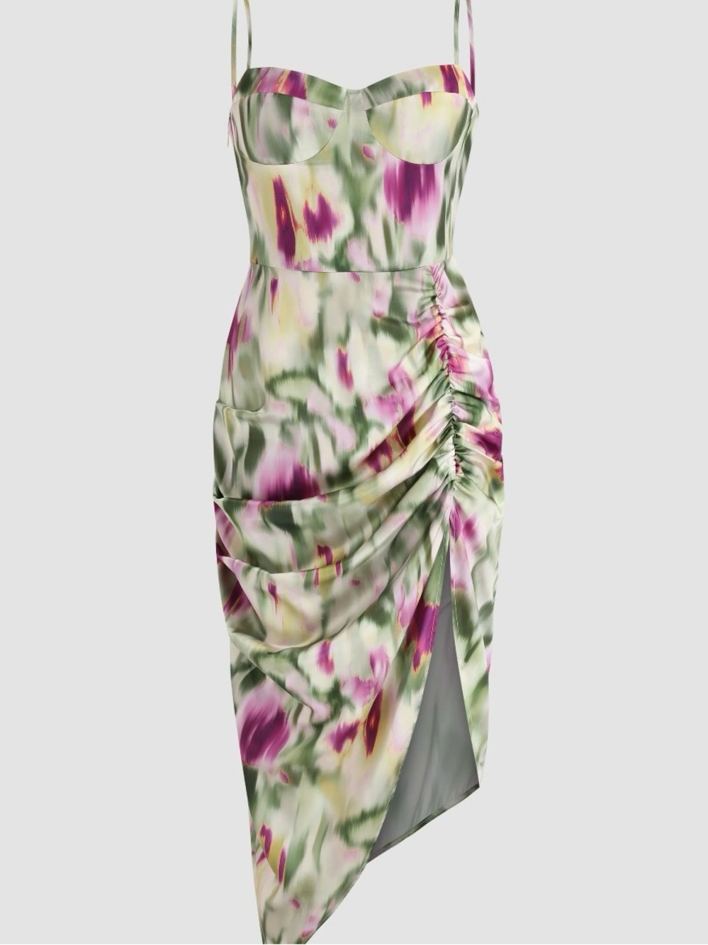 Cider Illusion Ruched Midi Dress in Green and Purple Floral Size L